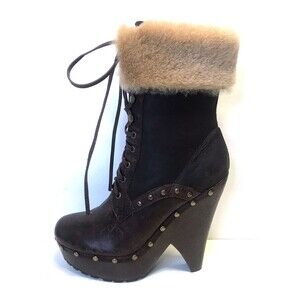 Sam Edelman Winsford Brown Women's Leather Lace Up Faux Fur Booties Size 7.5 M
